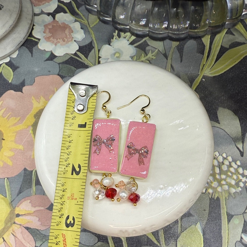 Adorned Crown Jewelry assemblage Christmas pink and red bow domino earrings