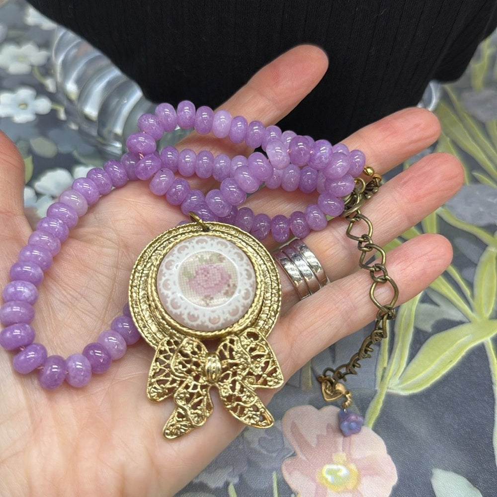 Adorned Crown Jewelry assemblage purple quartz cross stitch bonnet necklace