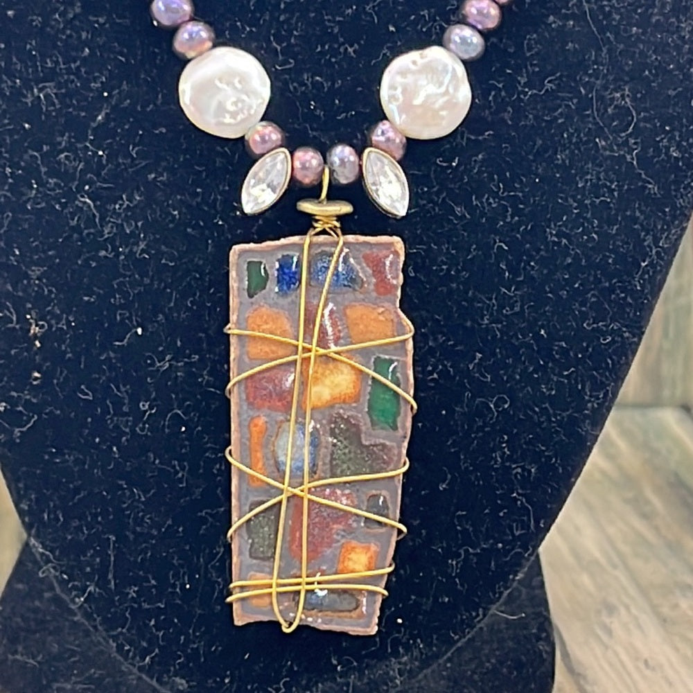 Adorned Crown Artisan Assemblage stone pendant button genuine Pearl necklace