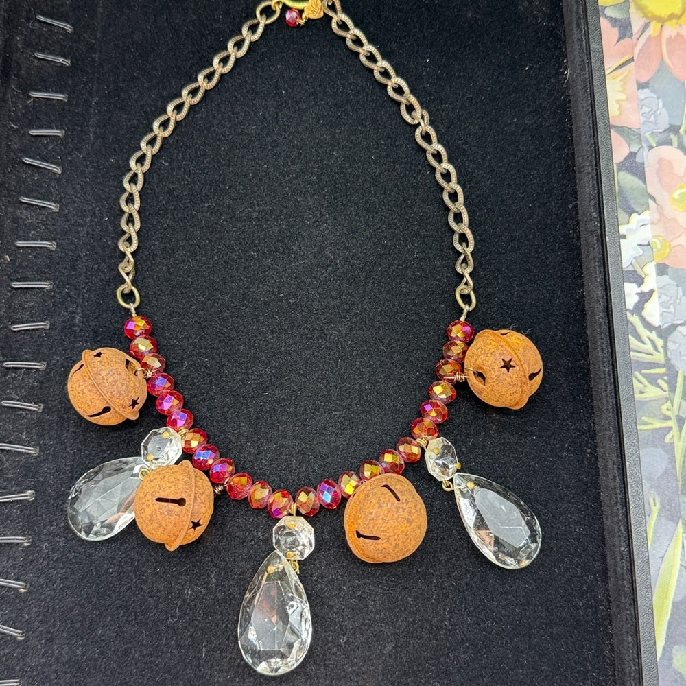 Adorned Crown Jewelry assemblage Christmas rusty jingle bell crystal necklace