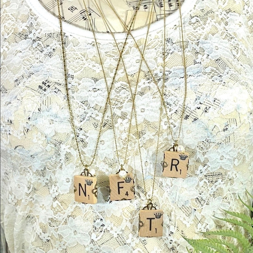 Adorned Crown scrabble tile initial Pearl necklace