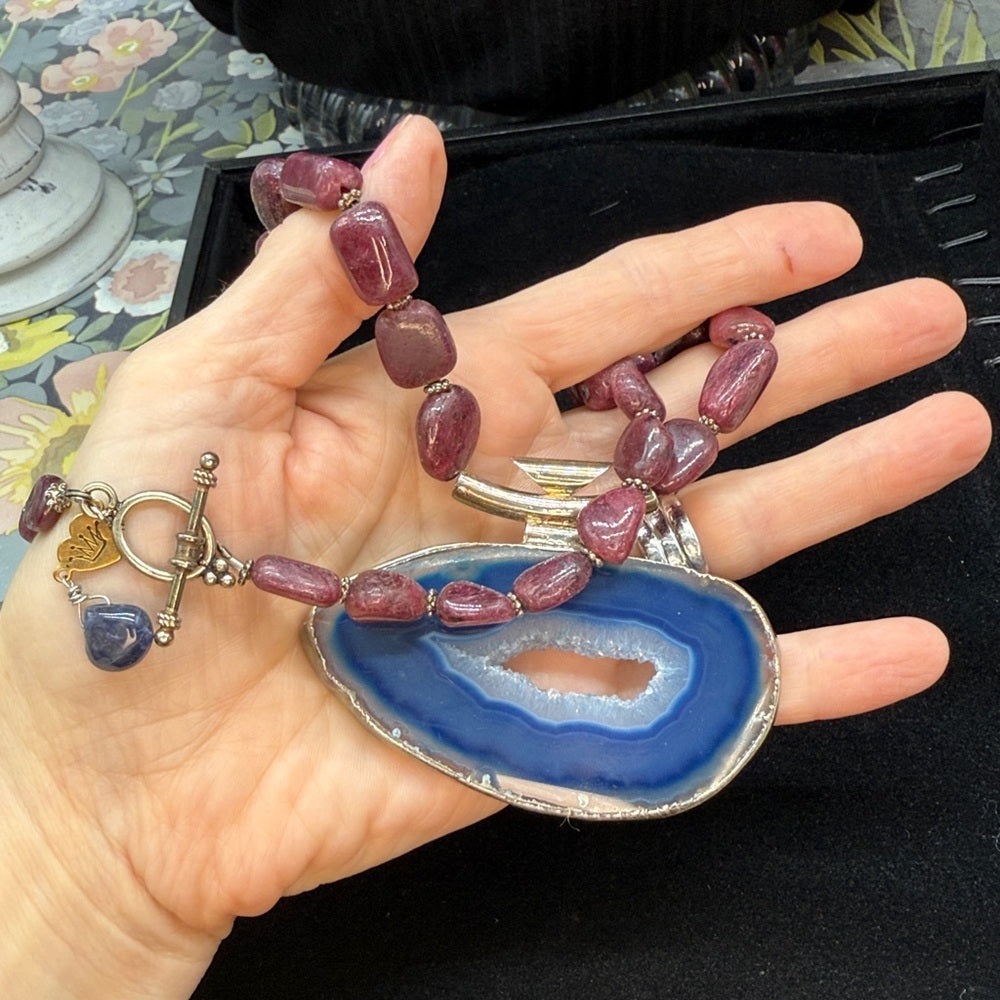 Adorned Crown Jewelry assemblage natural ruby blue agate slice necklace