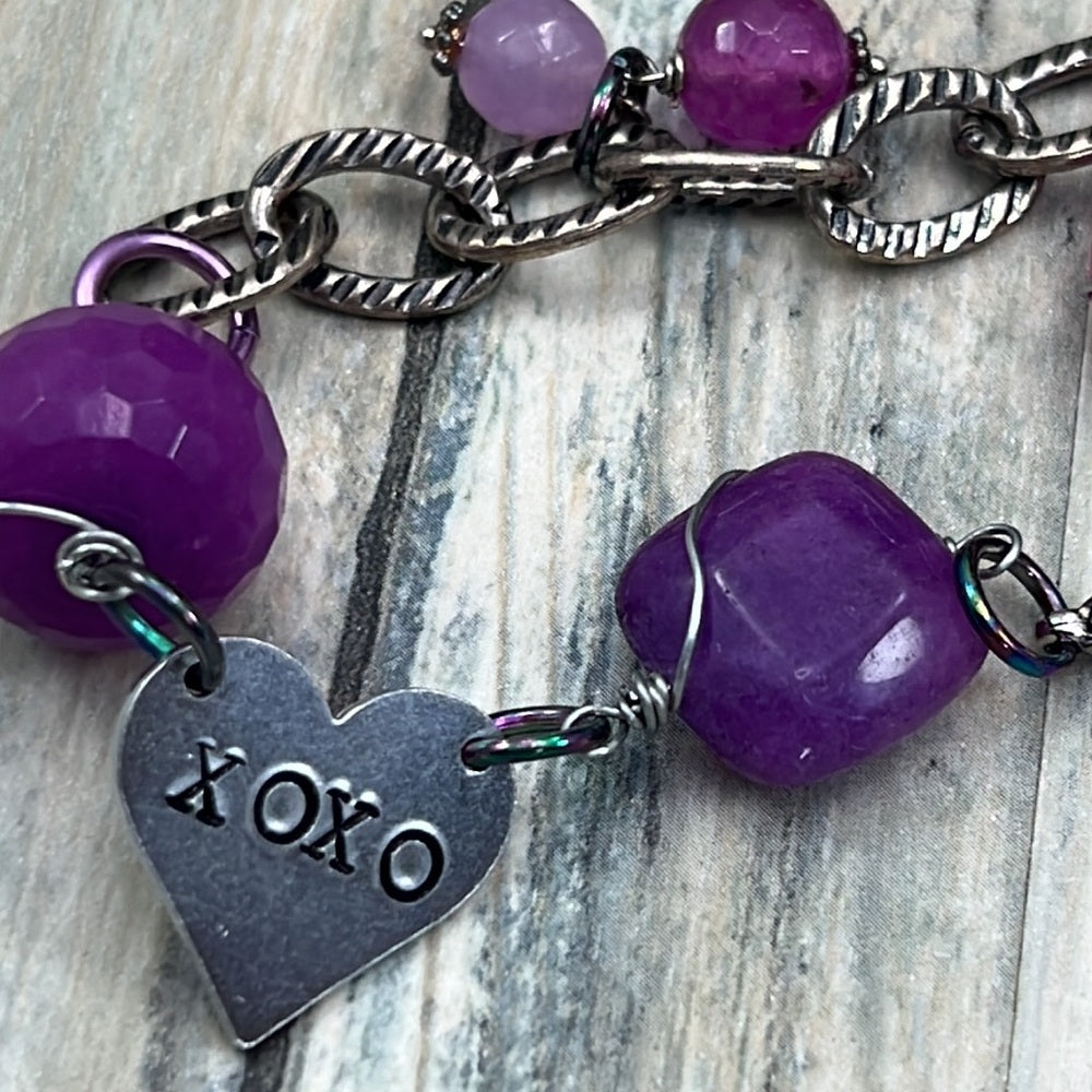 Adorned Crown Artisan Assemblage dyed pink purple quartz xoxo heart bracelet