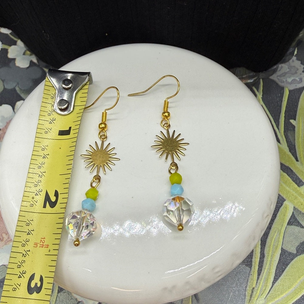 Adorned Crown Jewelry assemblage vintage Crystal sun burst blue green earrings