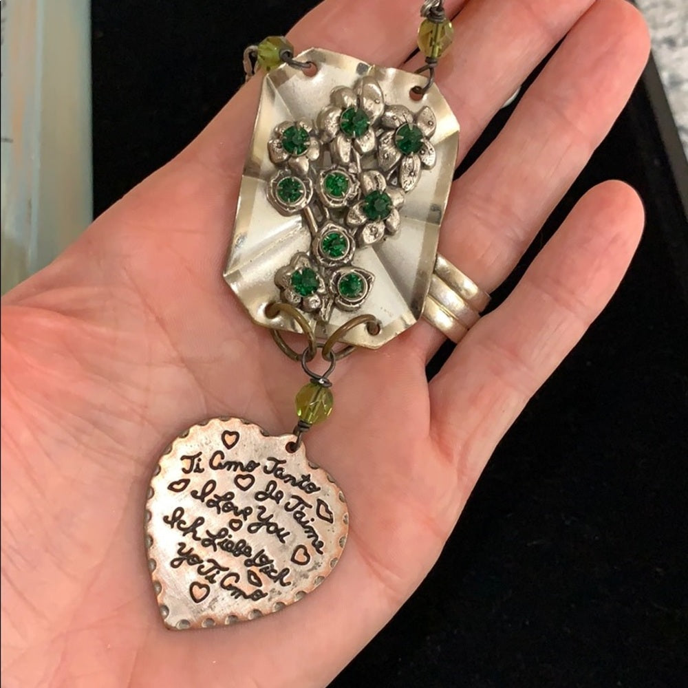 Adorned Crown artisan assemblage I love you in any language pendant necklace