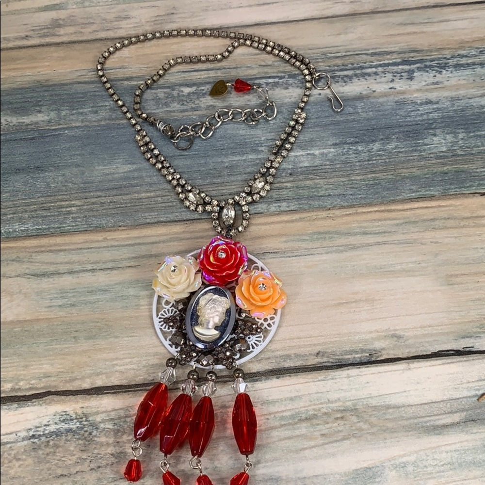 Adorned Crown artisan assemblage red cameo cluster crystal necklace