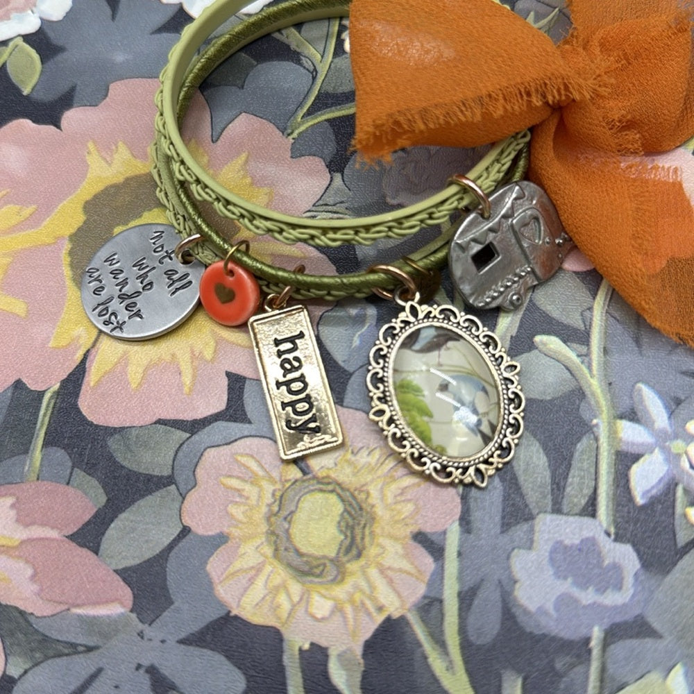 Adorned Crown Jewelry assemblage three band green bangle happy camper bracelet