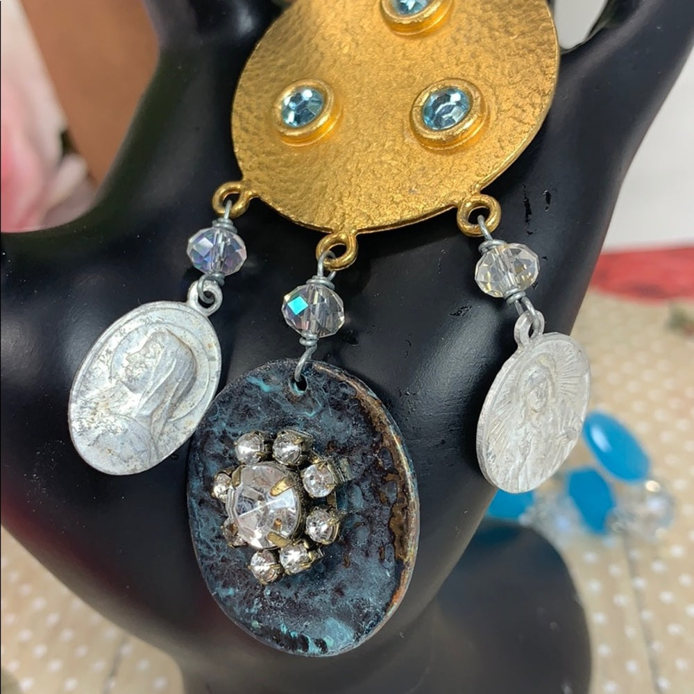 Adorned Crown artisan assemblage Religious medal glass bead necklace