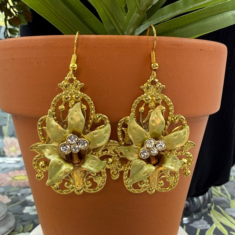 Adorned Crown Jewelry assemblage Lilies on filigree dangle earrings