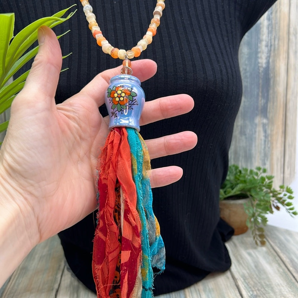 Adorned Crown Jewelry assemblage ceramic shaker tassel stone bead necklace