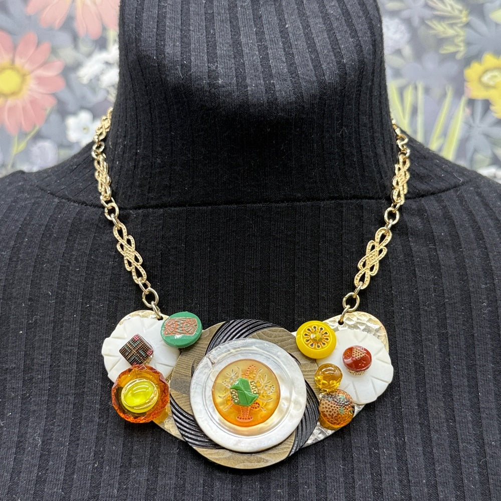 Adorned Crown Jewelry assemblage vintage button bib yellow green necklace
