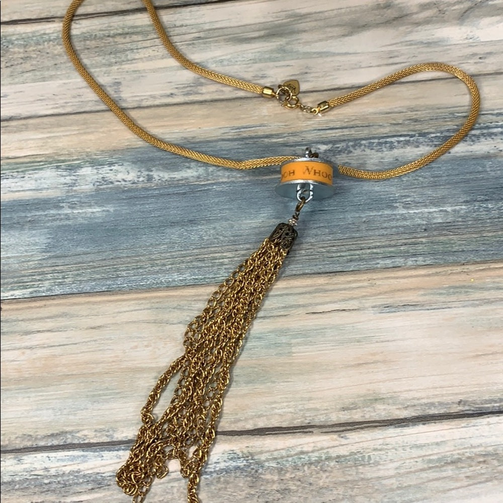 Adorned Crown artisan assemblage yellow washer tassel steampunk necklace