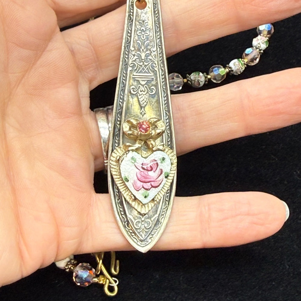 Adorned Crown Jewelry assemblage pink cloisonné crystal bead spoon necklace