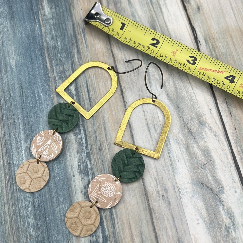 Adorned Crown Artisan Assemblage green leather brushed brass arch earrings