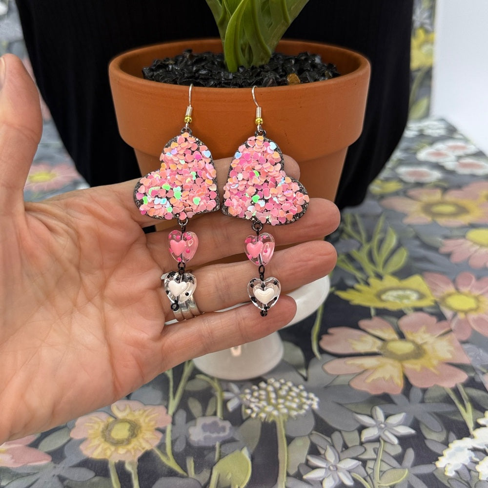 Adorned Crown Jewelry pink heart glitter Valentine's Day earrings
