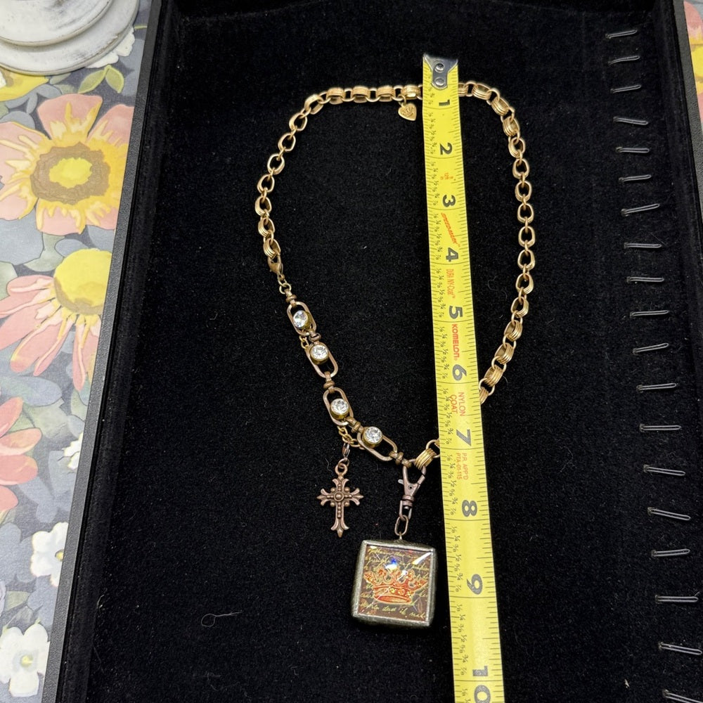 Adorned Crown Jewelry assemblage bezel red crown mix metal dual side necklace