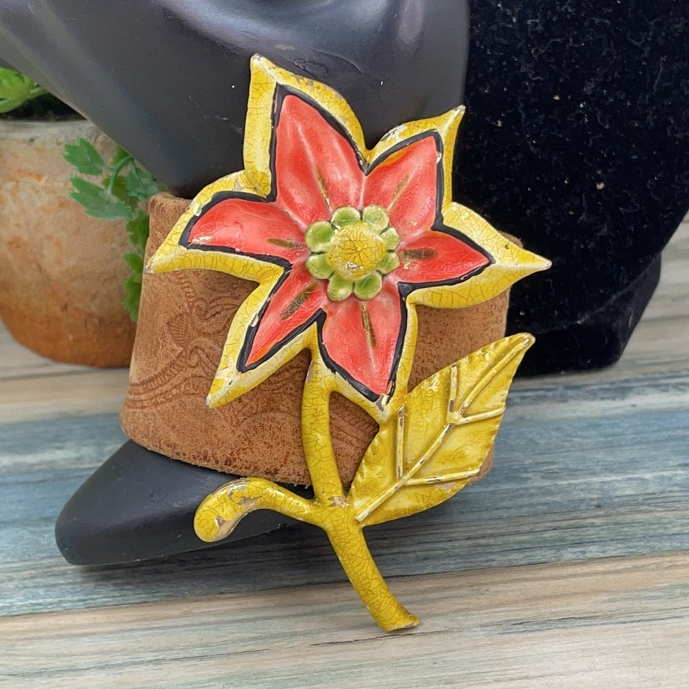 Adorned Crown assembled leather cuff enamel flower mid century boho bracelet