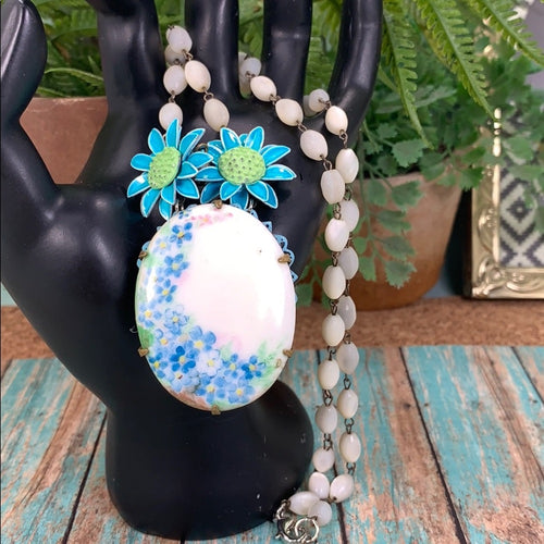 Adorned Crown artisan assemblage blue painted flower rosary bead necklace
