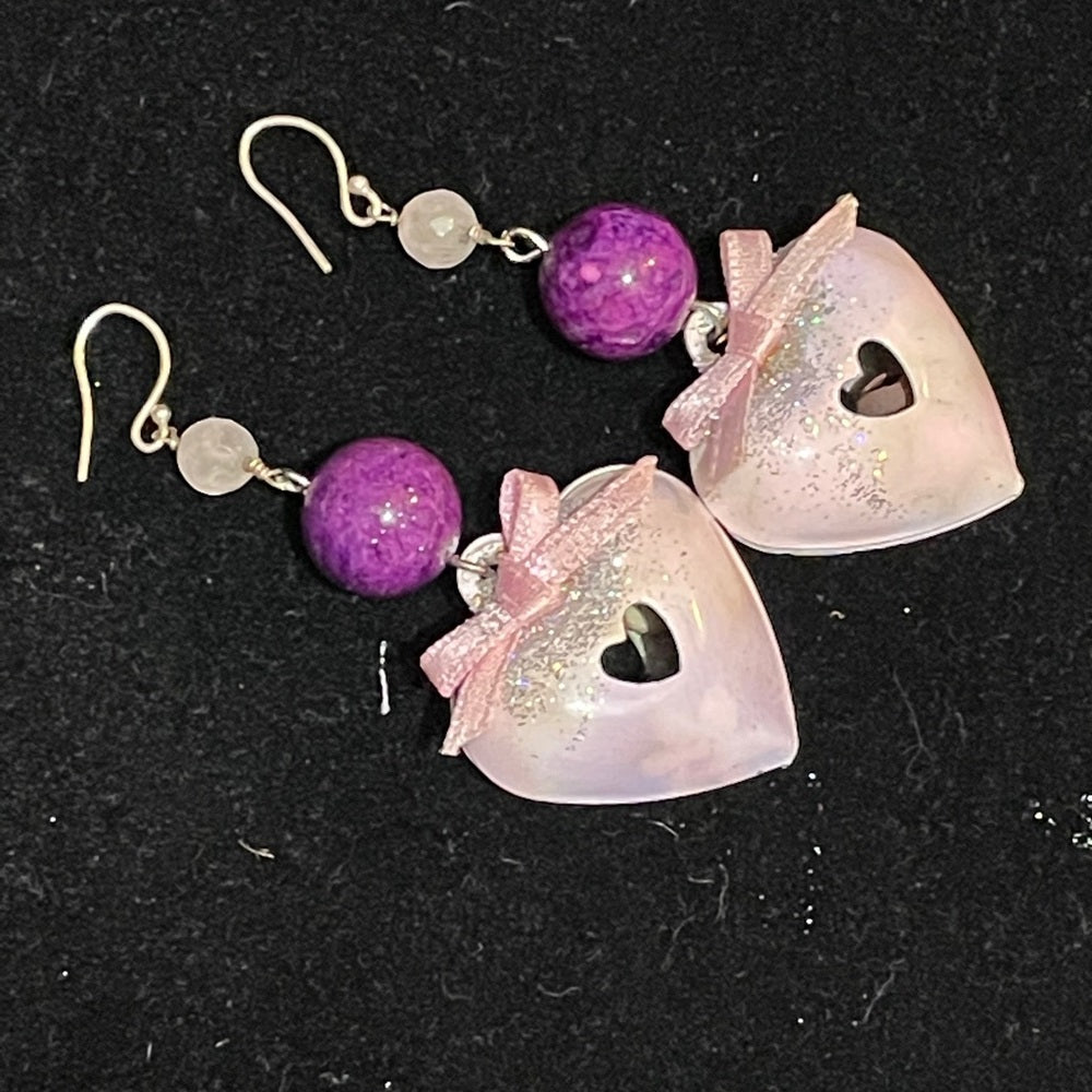 Adorned Crown enamel pink puffy heart bead earrings