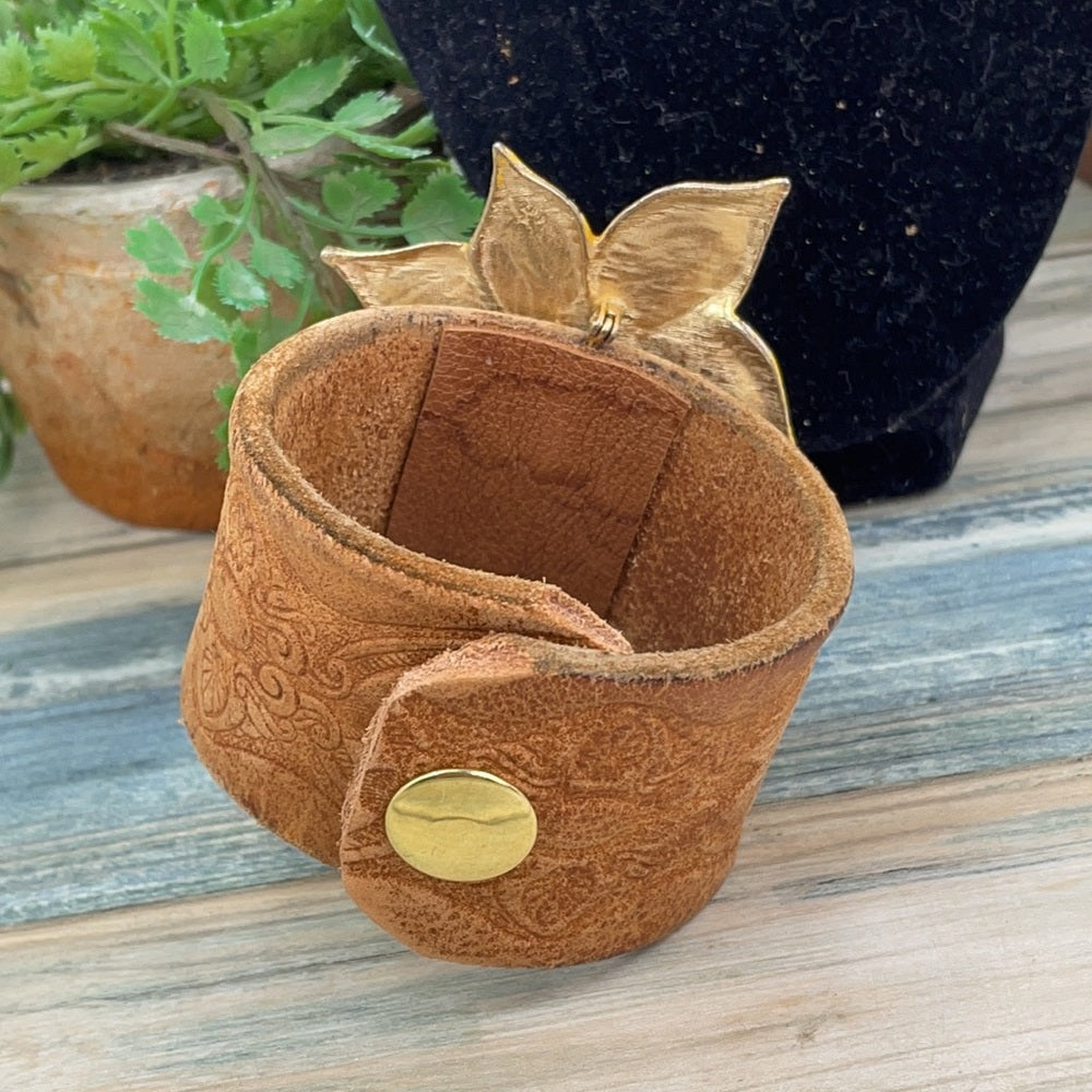 Adorned Crown assembled leather cuff enamel flower mid century boho bracelet