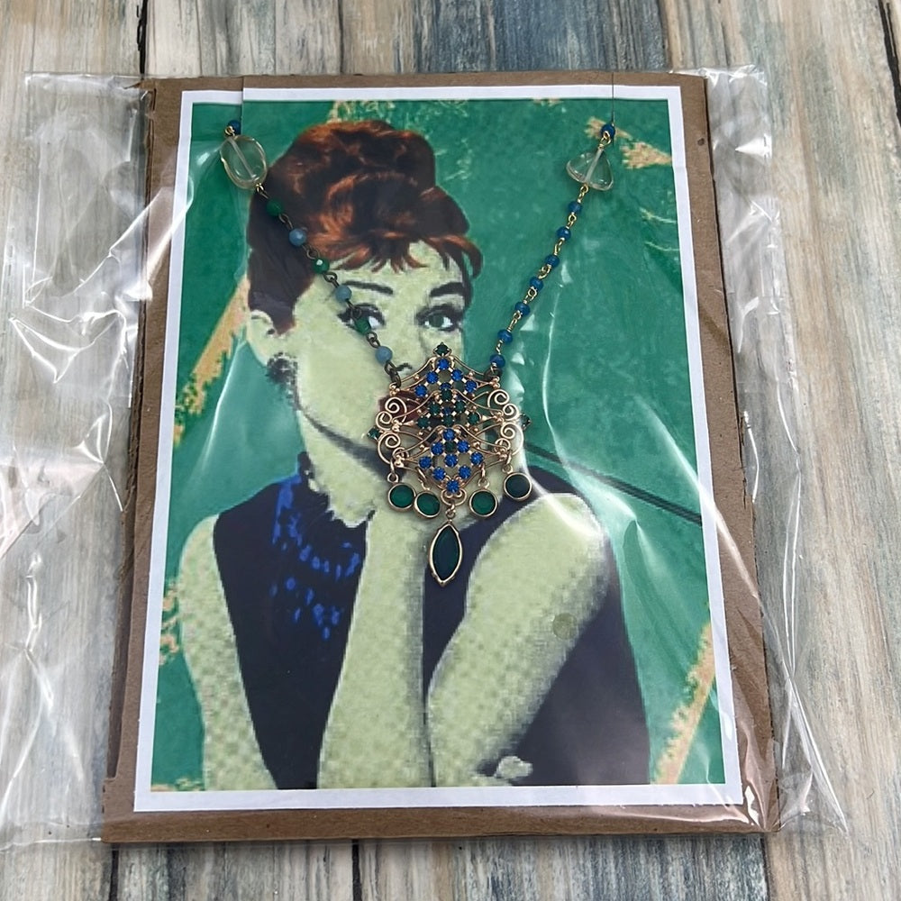 Adorned Crown artisan assemblage green rhinestone drop necklace