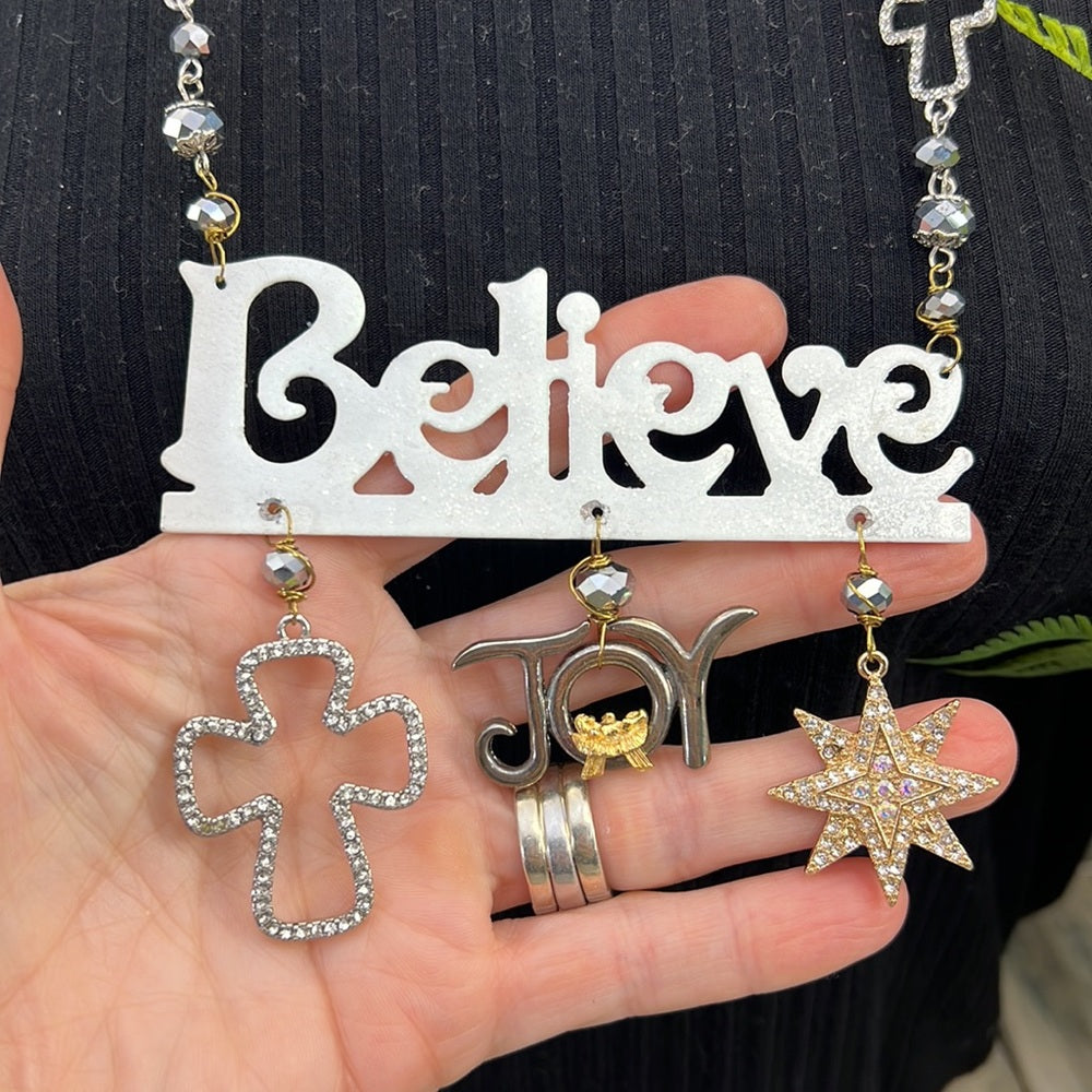Adorned Crown Artisan Assemblage believe in the joy of Christmas necklace