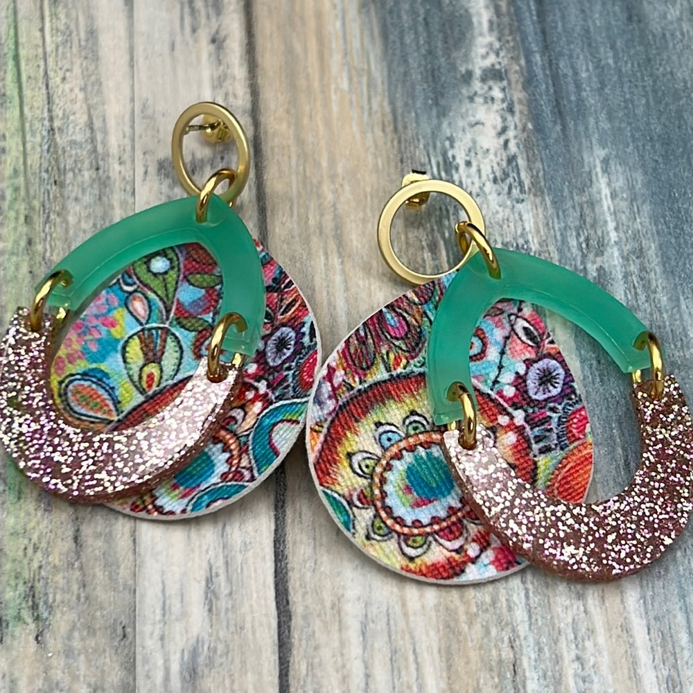 Adorned Crown Artisan Assemblage faux leather green acrylic post earrings