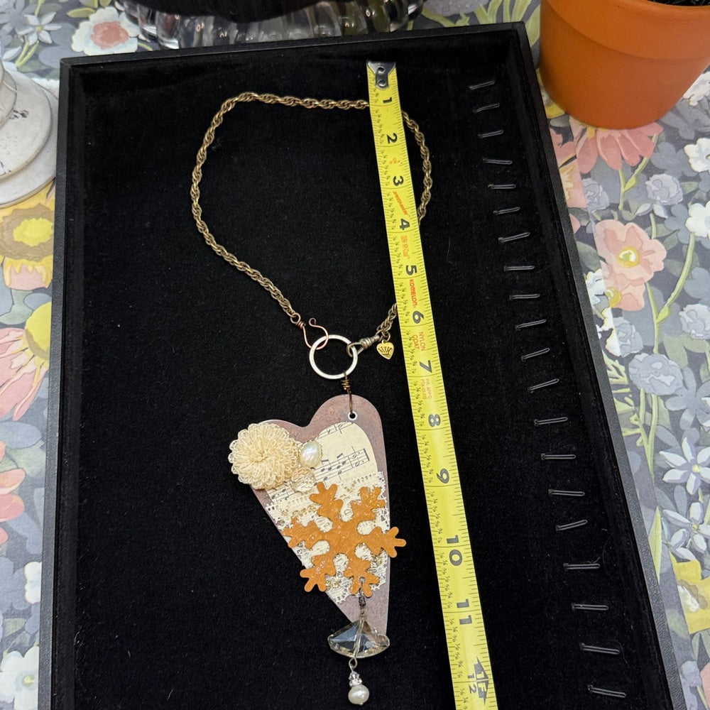 Adorned Crown Jewelry assemblage rusty heart sheet music snowflake necklace