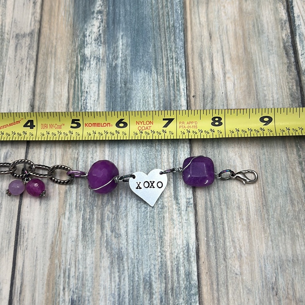 Adorned Crown Artisan Assemblage dyed pink purple quartz xoxo heart bracelet