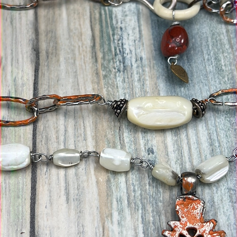 Adorned Crown necklace orange tribal cross mother of Pearl beads assemblage