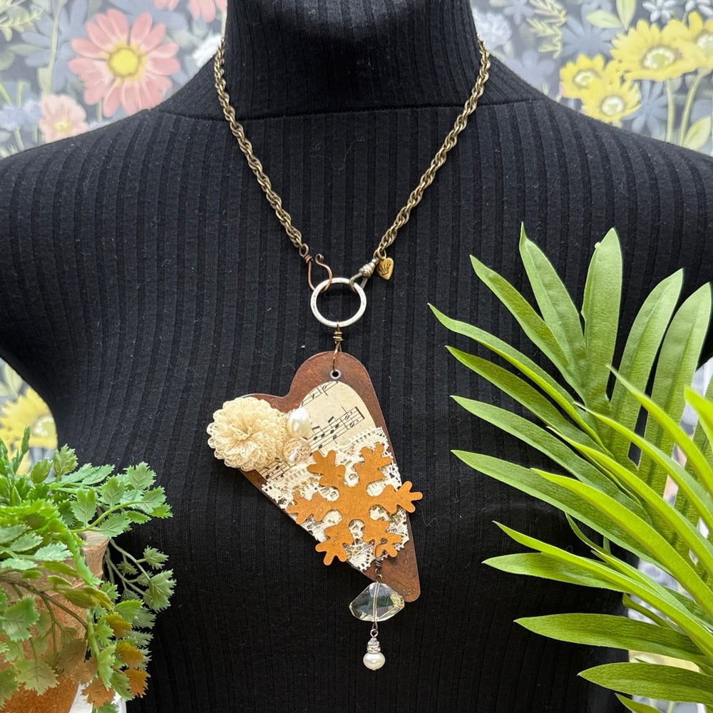 Adorned Crown Jewelry assemblage rusty heart sheet music snowflake necklace
