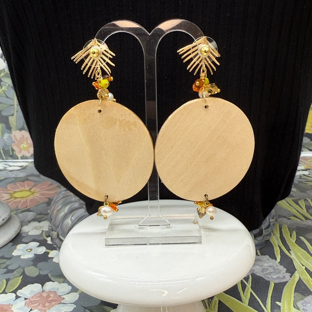 Adorned Crown Jewelry assemblage wood disc travel fall post statement earrings