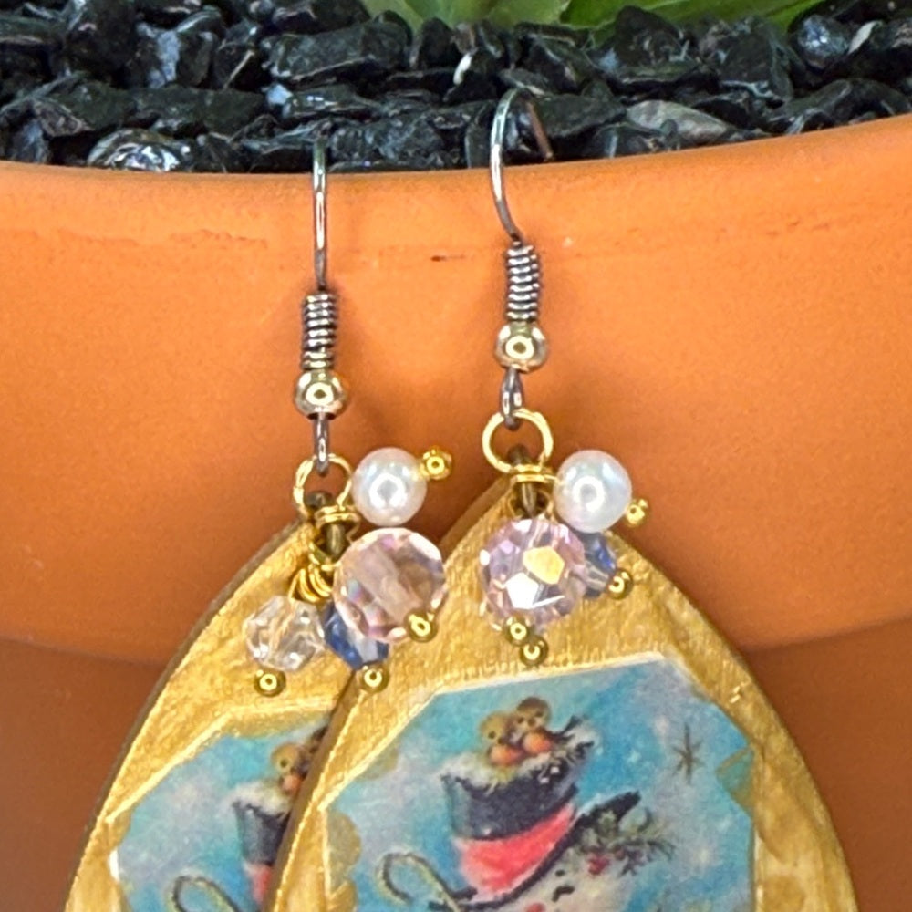 Adorned Crown Jewelry assemblage Victorian Christmas pink snowman earrings