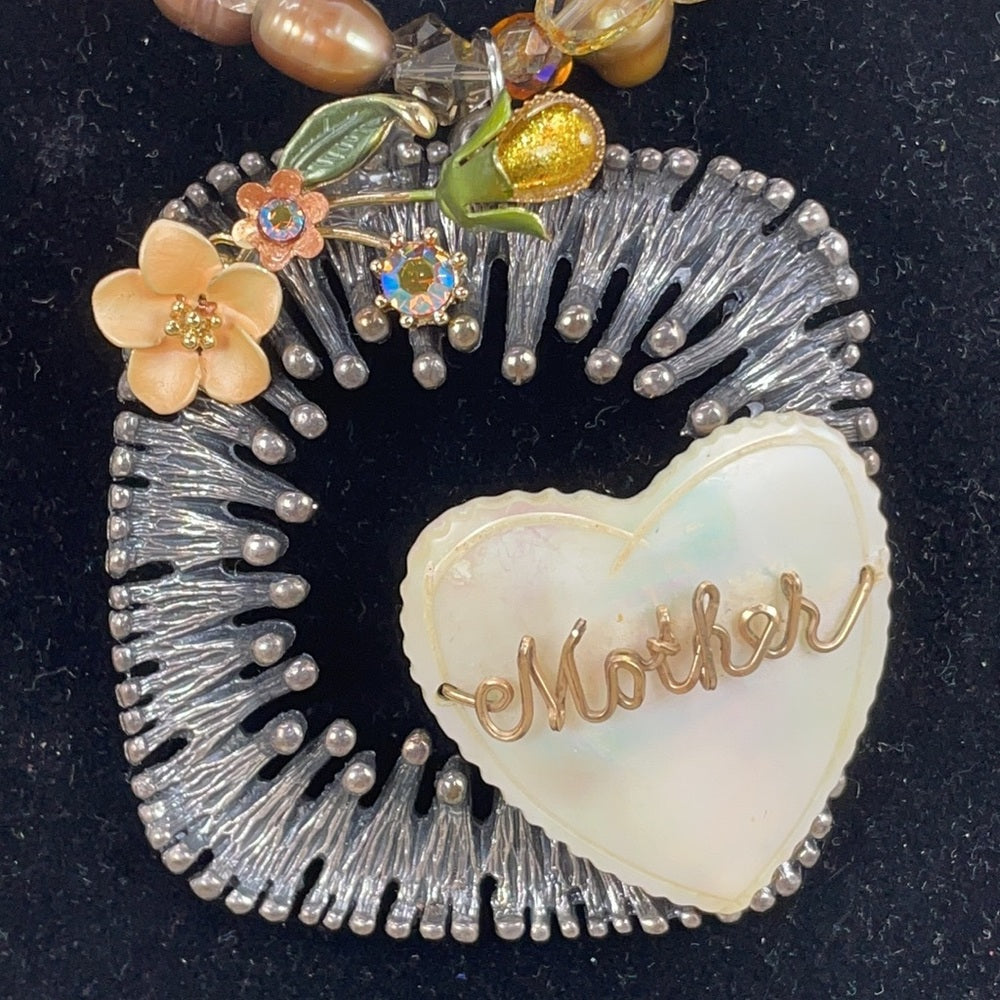 Adorned Crown artisan assemblage shell Pearl beaded heart mother necklace