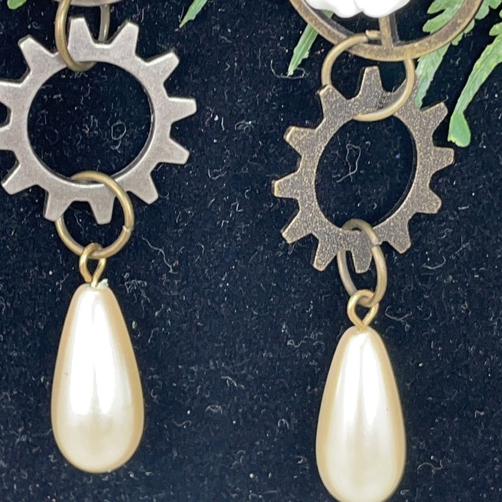 Adorned Crown assemblage steampunk gear white floral earrings