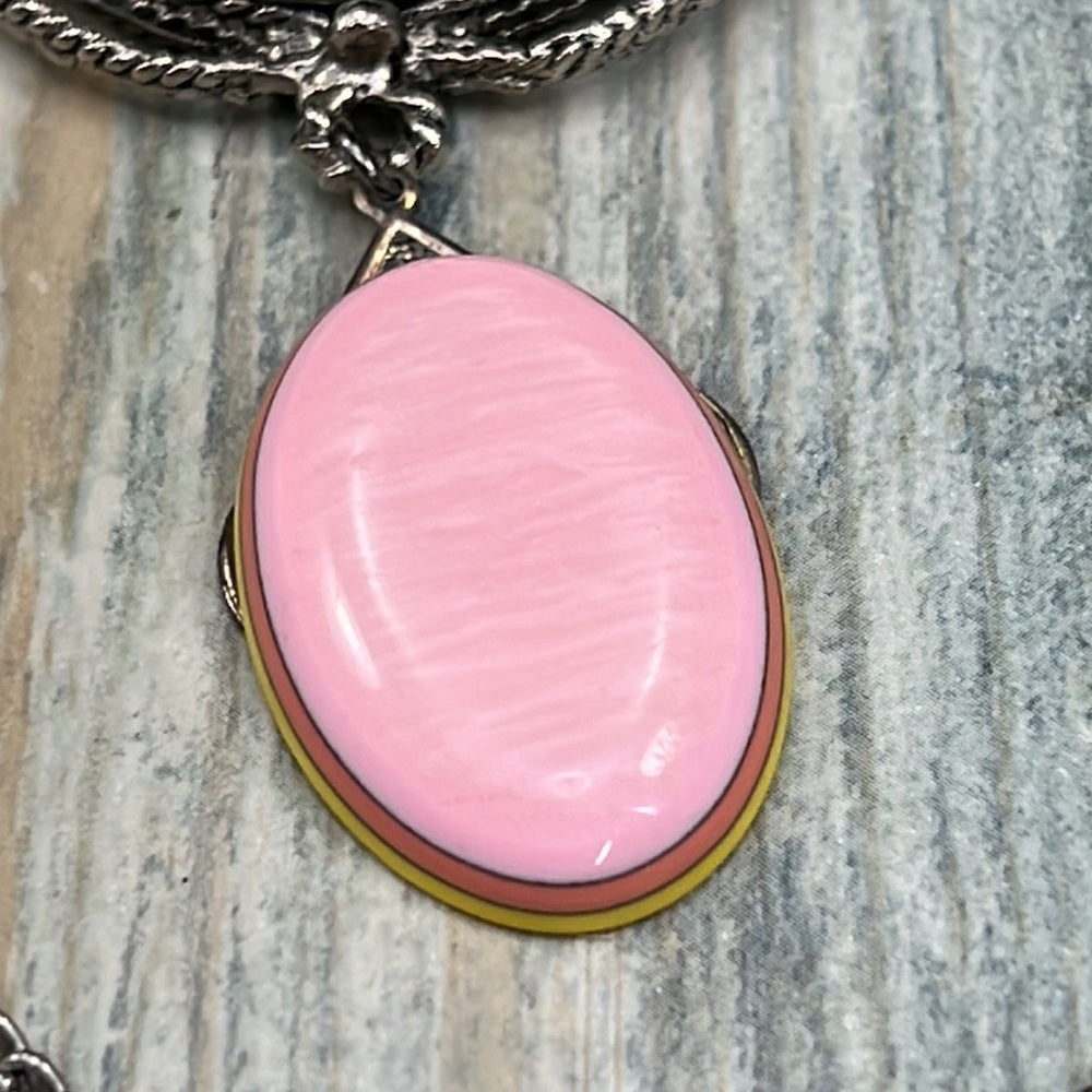 Adorned Crown Jewelry artisan assemblage pink drop shell fan necklace