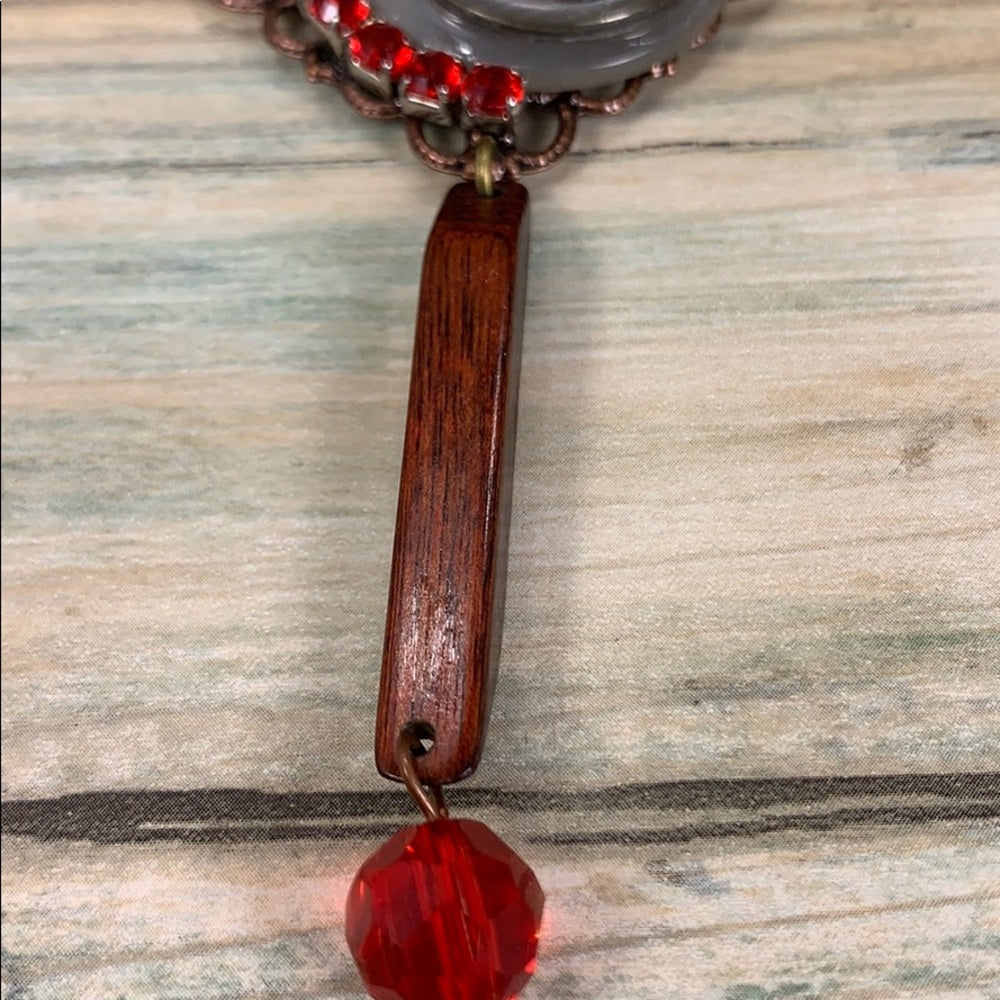 Adorned Crown artisan assemblage wood bead button rhinestone necklace