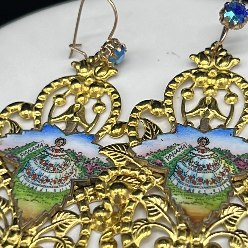 Adorned Crown Jewelry artisan assemblage enamel leaf filigree Czech earrings