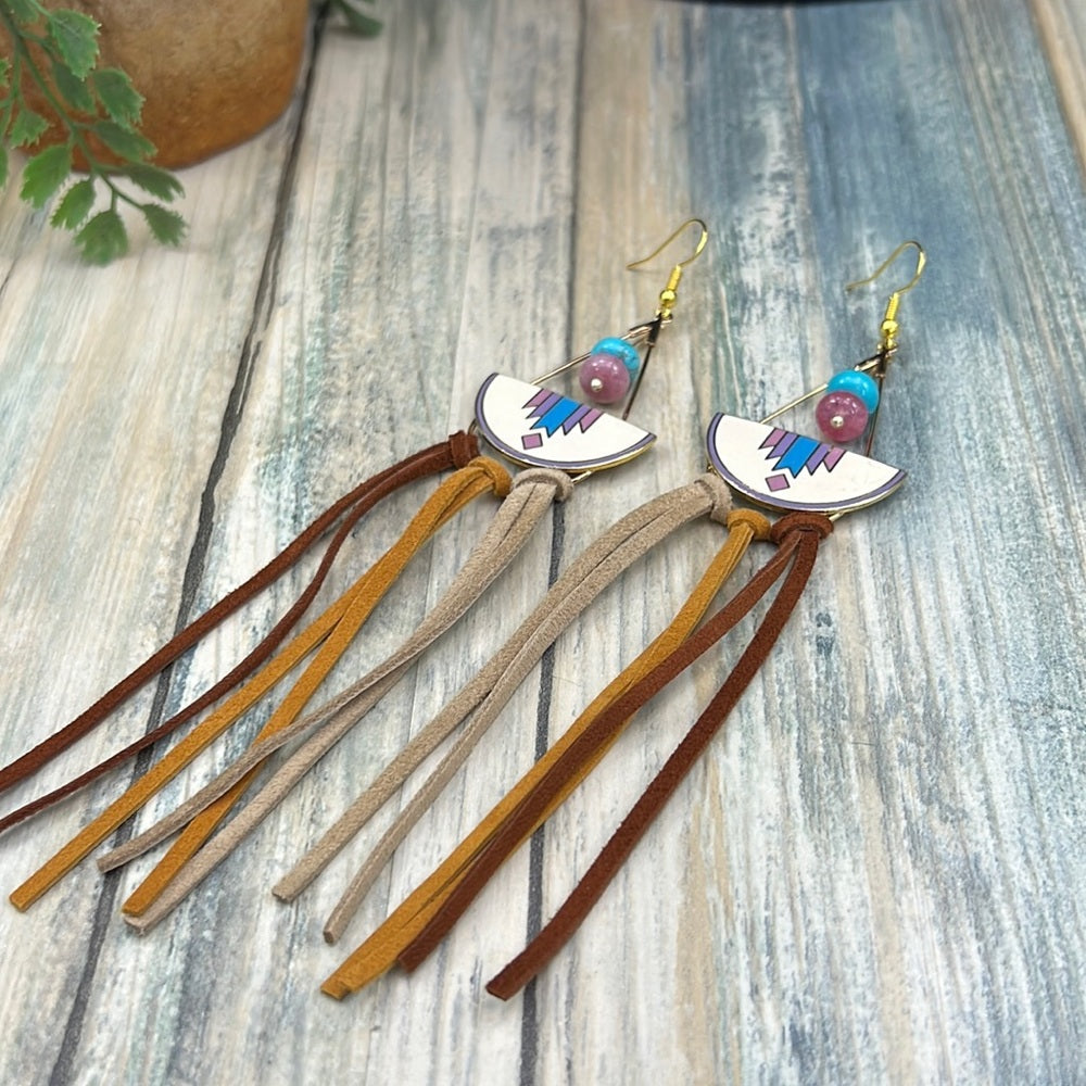 Adorned Crown cowgirl collection turquoise enamel leather tassel earrings