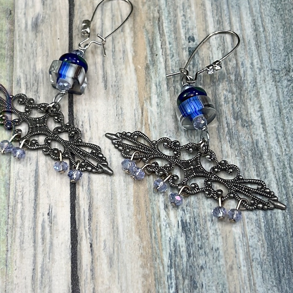 Adorned Crown Artisan Assemblage blue bead filigree chandelier earrings