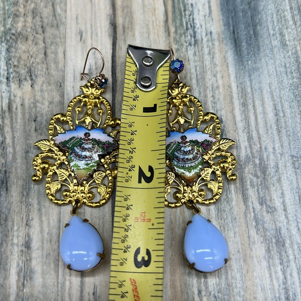 Adorned Crown Jewelry artisan assemblage enamel leaf filigree Czech earrings