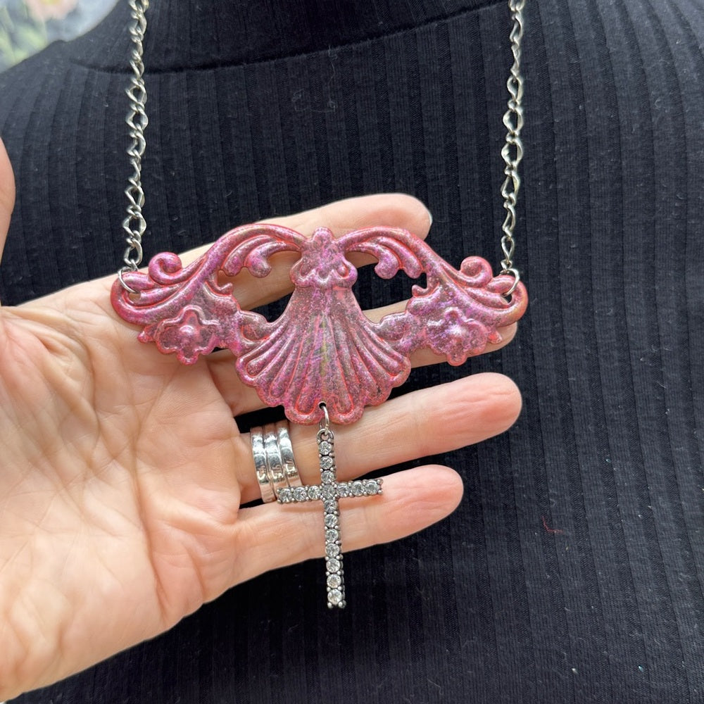 Adorned Crown Jewelry assemblage pink statement crystal cross necklace