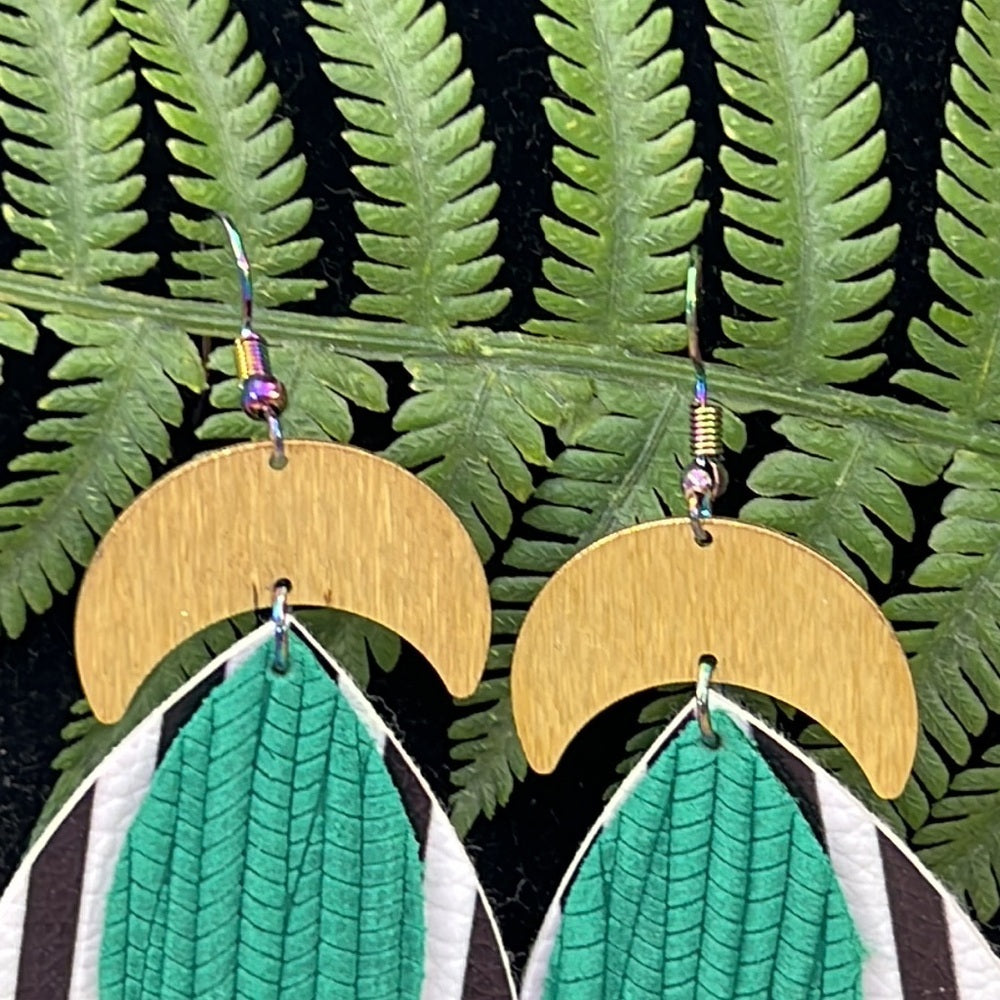Adorned Crown Artisan Assemblage leather crescent green stripe earrings