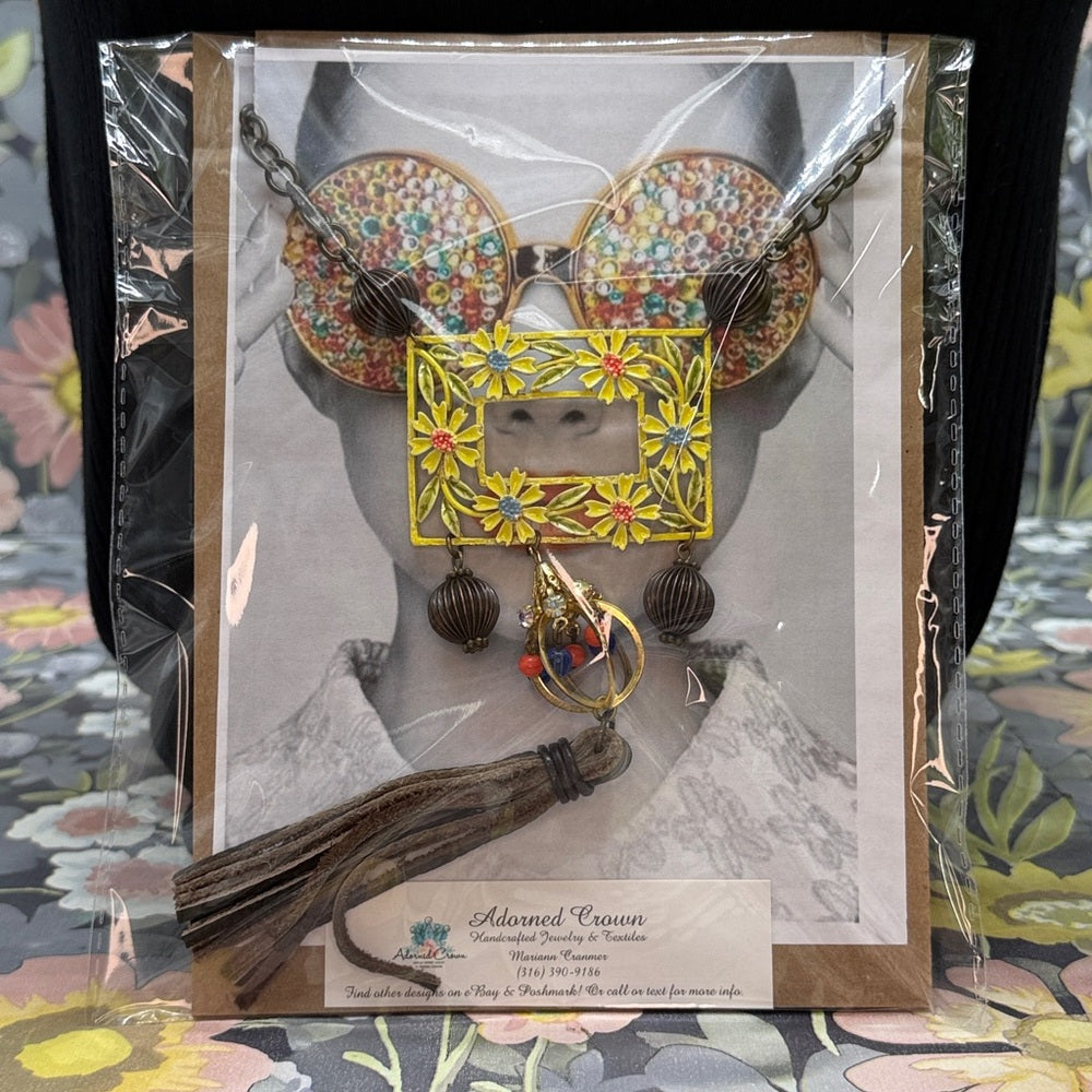 Adorned Crown Jewelry assemblage yellow frame flower necklace