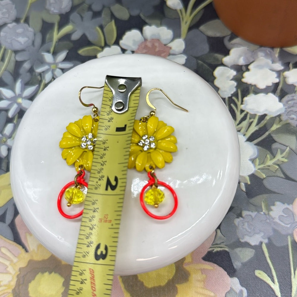 Adorned Crown yellow enamel daisy flower neon circle drop crystal earrings