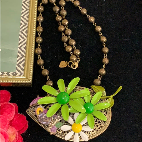 Adorned Crown artisan assemblage enamel flower bird cluster necklace