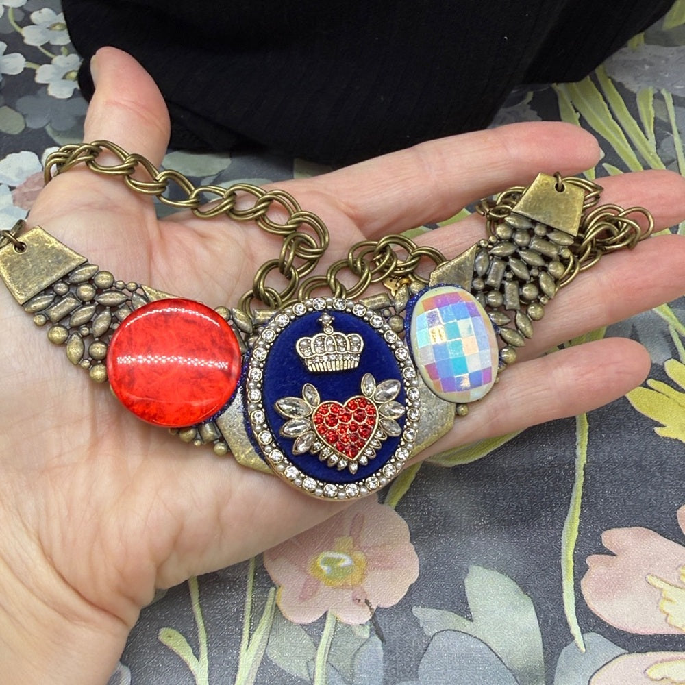 Adorned Crown Jewelry assemblage red white blue rhinestone button bib necklace