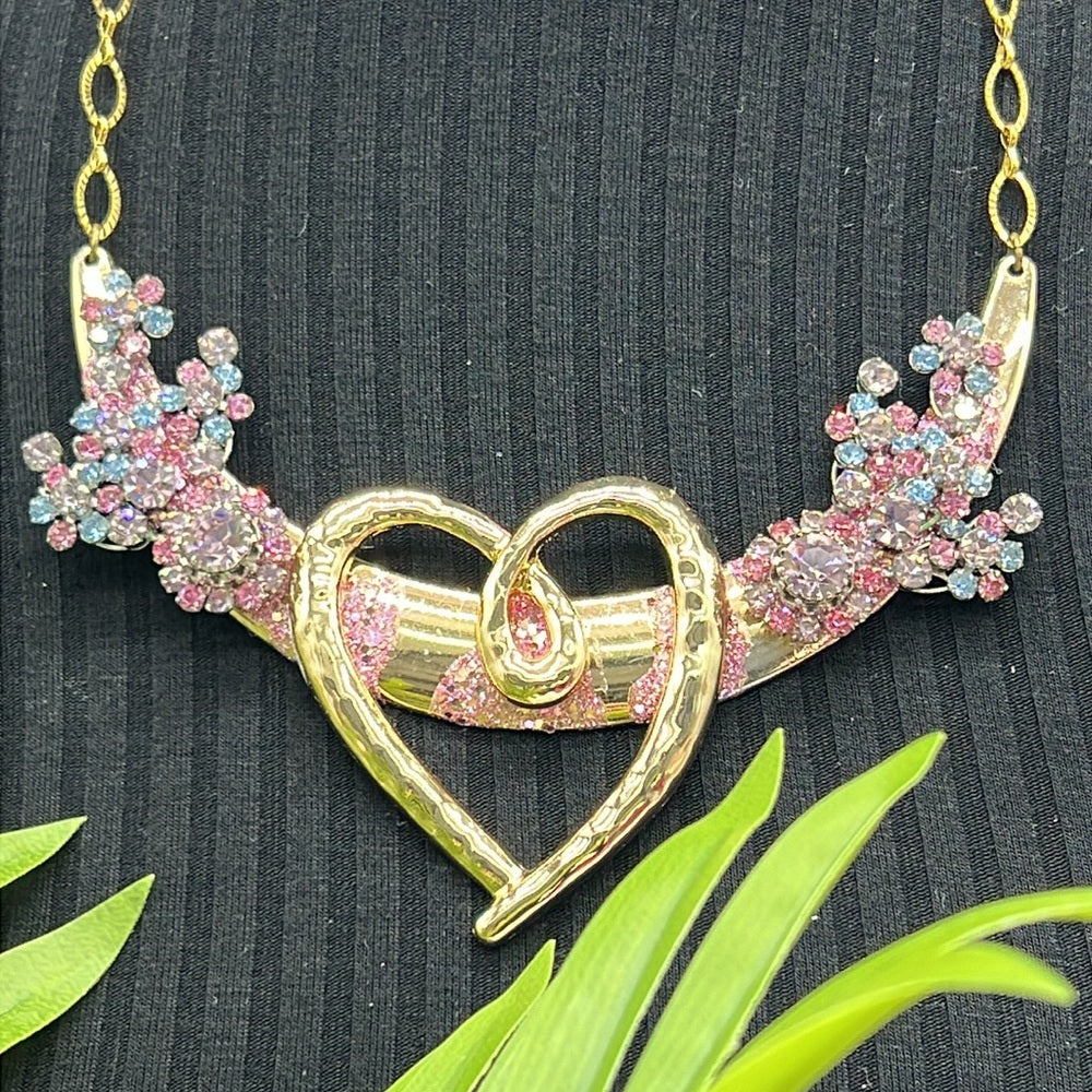 Adorned Crown Jewelry pink blue rhinestone heart bib necklace