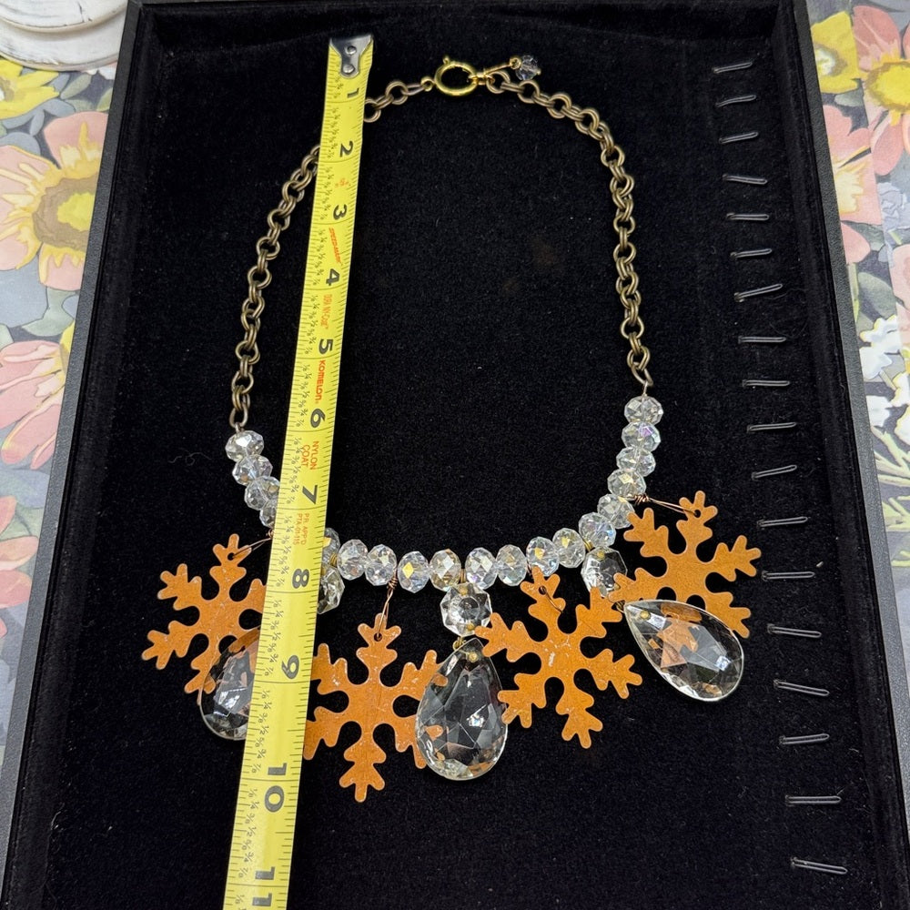 Adorned Crown Jewelry assemblage Christmas rusty snowflake crystal necklace