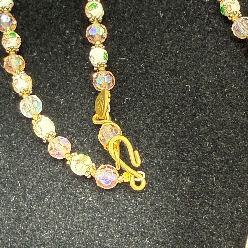 Adorned Crown Jewelry assemblage pink cloisonné crystal bead spoon necklace